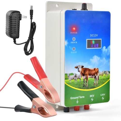 Electric Fence Charger 6 Mile, 8KV-12KV 2J Output, LED Display | High Power, AC DC Multi-Powered Electric Fence，Repels Wildlife for Livestock,Horses,Cattle Sheep,Gardens,Orchards Protection