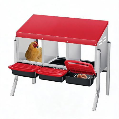 Galvanized Steel Chicken Nesting Box 3 Compartment with Pull Out Tray, Roll Away Nest Boxes for Laying Hens Egg Collection, Wall Mount Poultry Nest Box for Coop with Handle, Red, with Legs - color: Red, size: 3 Compartments with Support Legs