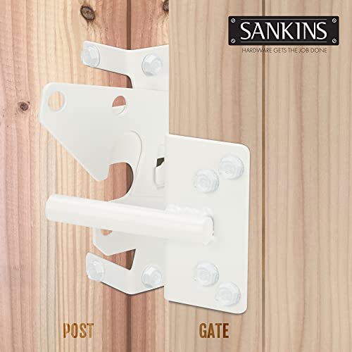 Self-Locking Gate Latch Heavy-Duty for Wood Gate, Steel White, 2pcs | Post Mount Automatic, gate locks for outdoor fence| Pool | Garden, Gravity Door Latch with Fasteners Hardware, Padlockable - color: White