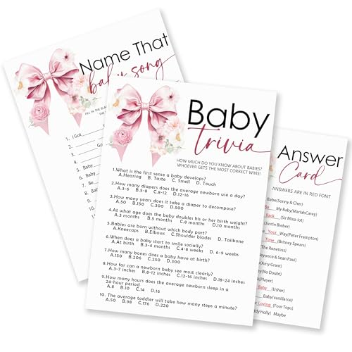 Name That Baby Song & Trivia Theme Baby Shower Game Activities-30 Pink Bow & Floral Double-Sided Game Cards(5’’x7 ’’) & 1 Answer Card(4’’x6’’) For Boys & Girls-Gender Neutral Decor & Supplies-A02 - color: Name That Baby Song & Baby Trivia