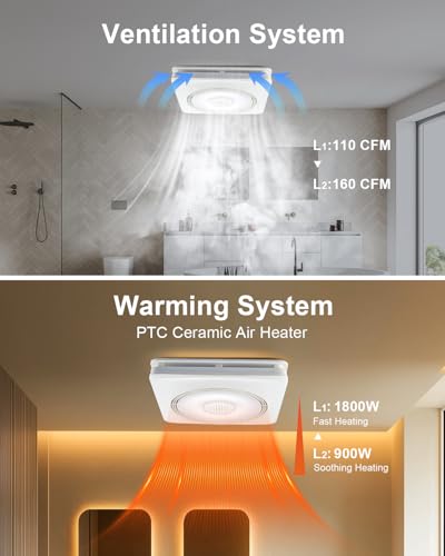 GROWNEER Bathroom Exhaust Fan with Bluetooth Speaker and Heater, Quiet Exhaust Ventilation Fan with Light & Remote 110/160 CFM 1.0 Sone, 9 RGB Modes, 1500lm 3-CCT & Nightlight - style: Bluetooth & Heater