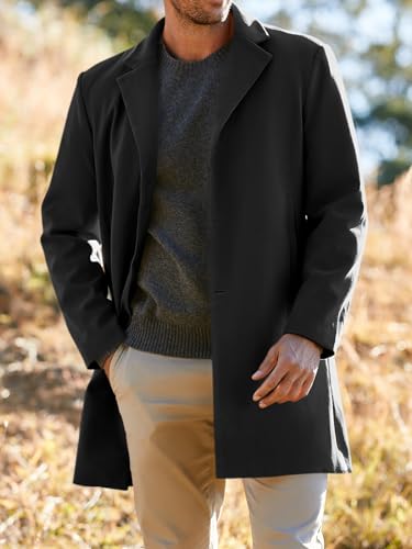 PASLTER Mens Trench Coat Slim Fit Mid Length Pea Coat Winter Overcoat | Notched Collar,Single Breasted,Warm Peacoat Jacket,Soft Mens Dress Coat,Fall Winter Mens Trench Coat Long - color: Black, size: X-Large