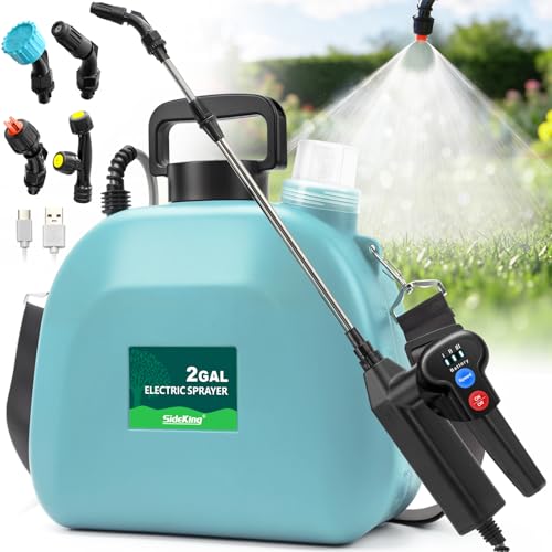 SideKing Battery Powered Sprayer 2 Gallon, Electric Weed Sprayer with 3 Adjustable Spray Pressures, Battery Indicator, Telescopic Wand and 4 Nozzles, for Garden, Lawn, Yard & Plants Care - color: Blue