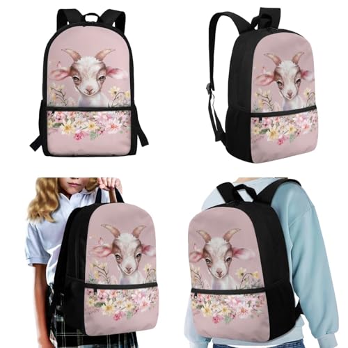 Upetstory Goat Backpack Backpack for Girls Kids Teen School Bag Set with Insulated Lunch Bag Pencil Case Water Bottle Sleeve Book Cover Schoolbag Book Bags Travel Hiking Camping Daypack Rucksack - color: Goat