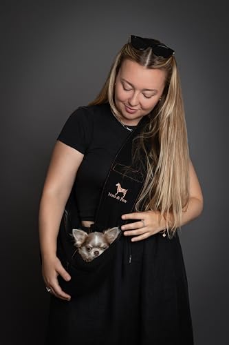 Noah & Paw Dog Sling Carrier for Small Dogs 3-10lb, Dog Sling for Small Dogs and Cats, Dog Carrier with Adjustable Padded Strap, Vegan Denim Lined with Fur, 3X Safety Features, Machine Washable - color: Black, size: 15.0"L x 6.0"W x 5.5"H