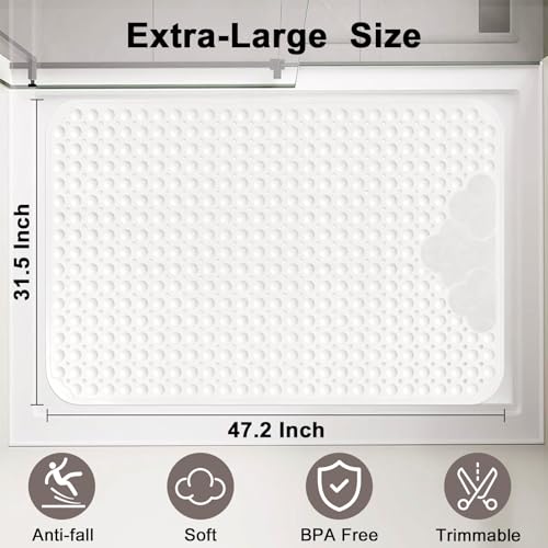 Extra Large Shower Foot Scrubber Mat, Yonala 47x33 Inch Non Slip Shower Mats for Elderly, Anti Slip Shower Mat with Suction Cups, Soft Trimmable TPE Shower Mat for Walk in Shower Stall, Heavy Mat - color: White