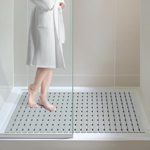 OTHWAY Large Shower Mat, 35.4 x 24 Inch No Suction Cup Shower Mat Non Slip, Quick Drain Shower Mats for Inside Shower, Heavy Duty PVC Shower Floor Mat, Curlable Shower Stall Mat (Light Grey) - color: Light Grey
