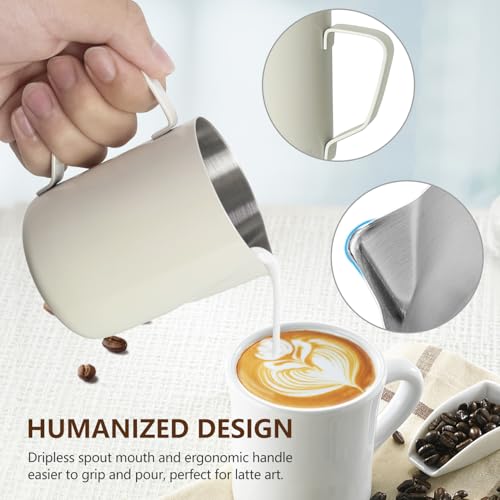 HOOMIL Milk Frothing Pitcher, 12oz/20oz/32oz 304 Stainless Steel | Steaming Pitcher with Clear Scale, Barista Milk Frother Cup Jug for Espresso Machine Coffee Cappuccino Latte Art - 32oz - color: Matte White, size: 32 Ounces