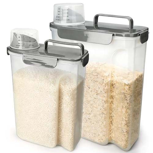Komzon Rice Storage Containers, Airtight Cereal Containers Storage, BPA Free Rice dispenser for Flour, Pasta, Grain and Baking, Pet Dog Cat Bird Food Container 20lb+ 10lb Grey - color: 20lb+10lb Grey