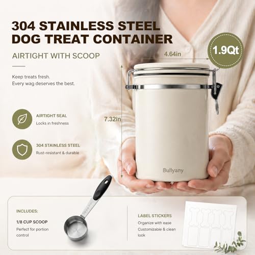 Dog Treat Container Airtight, 1.9 Qt 304 Stainless Steel Dog Treat Jar & Pet Treat Canister with Scoop, Date Dial, Locking Clamp, Silicone Seal for Dog Biscuits, Cookies, Training Snacks - size: 1.9 Qt