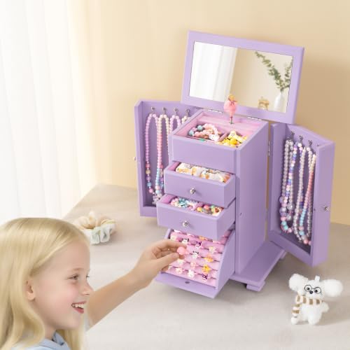 Emfogo Musical Jewelry Box for Girls, Large Kid Music Box with Ballerina for Birthday Bedroom Decor, 5 Layer Girl Jewelry Gifts for Girls Kids - Purple - color: Purple