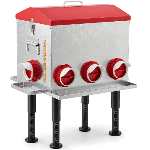 55 LB 10-Gallon Automatic Chicken Feeder, Large Metal Poultry Feeder with Window, 4-Sided No-Waste Feeding Design, Rust-Resistant Steel with Adjustable Legs for Outdoor Coops - size: 55 lb - 8 Ports