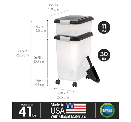 IRIS USA Dog Food Storage Container 30 lb + 11lb Airtight Combo, Stackable Pet Food Storage Bin with Wheels for Cat Dog Food, BPA Free, Made in USA, Black | Stackable Pet Food Plastic Storage Bins with Wheels for Cat and Dog Food, Made in USA - color: Bla