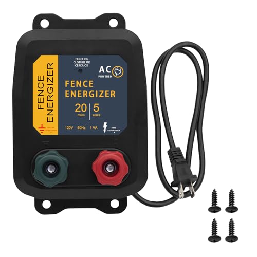 Electric Fence Energizer with Wire 5 Miles/ 20 Acres AC Powered 120 Volt, Plug-in Electric Fence Charger Output 1.2 Joule for Preventing Raccoons, Livestock, Squirrels - style: 5-Mile/ 20 Acres