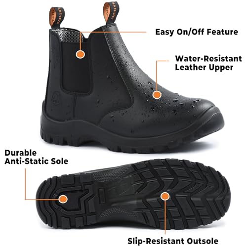 Work Boots for Men, Slip On Steel Toe Chelsea Safety Boots, Waterproof Slip Resistant Work Shoes, Lightweight Comfortable Breathable Non Slip Safety Toe Shoes - color: Black, size: 10