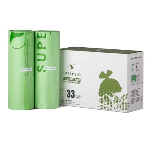 SUPERBIO 33 Gallon Compostable Yard Waste Bags, 40 Count | Lawn & Leaf Bags, ASTM D6400, BPI, OK compost INDUSTRIAL - style: 33 gallon, 40 count