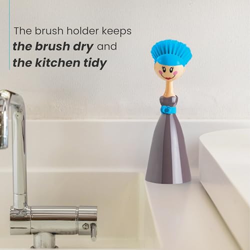 Vigar Dolls Dish Brush with Handle and Holder, Gray, Blue | Dish Scrubber, Kitchen Scrub Brush, Dishwashing Brush Tool for Kitchen Sink Cleaning, Cute Standing Design - color: Gray, Blue