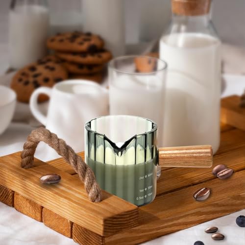 Espresso Cups Set of 2, 4 OZ Espresso Shot Glasses with Wood Handle, Gray | V-Shaped Spouts, Ribbed Milk Frothing Pitcher, Small Glass Measuring Cup, Demitasse Cups, Coffee Espresso Accessories - color: Gray