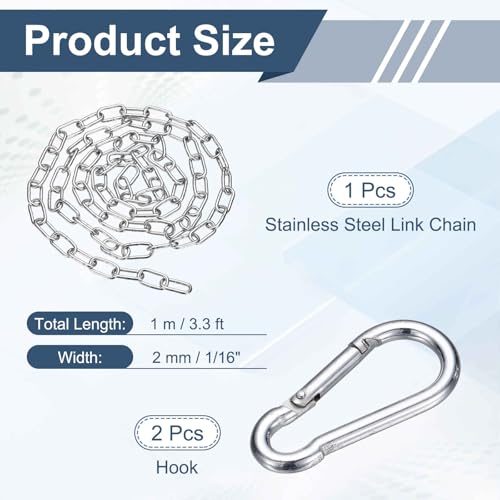 304 Stainless Steel Link Chain with 2 Hook (1/16" x 3.3 ft / 1 m x 2 Mm) - Utility Hanging Coil Chain Link Locking Pulling for Outdoor Fence Pet Dog - size: 1/16" x 3.3 ft(1 m x 2 Mm)