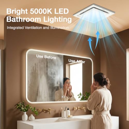 FASDUNT 12" Ultra Quiet Bathroom Exhaust Fan with Light | 1.0 Sones, 120 CFM, 10x10 Mount Ceiling Ventilation Fan with 5000K Daylight LED, No Attic Access Needed - color: White-5000K, size: 10 Inch