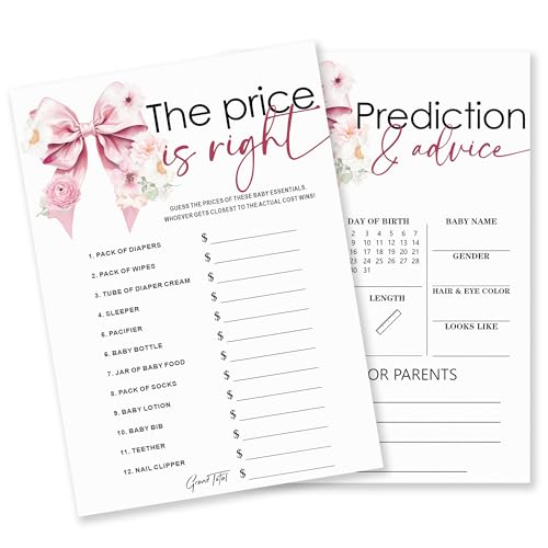 The Price is Right & Predictions Advice Theme Baby Shower Game Activities-30 Pink Bow & Flowers Double-Sided Game Cards(5’’x7 ’’) for Boys & Girls-Gender Neutral Decorations & Supplies-A05 - color: The Price is Right & Predictions Advice