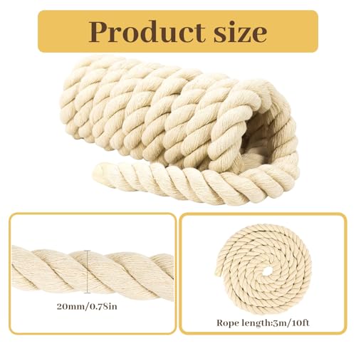 2 Pack 10ft Natural Twisted Cotton Rope | Strong Triple-Strand Rope for Sports, Crafts, Indoor Outdoor Use Tug of War Rope