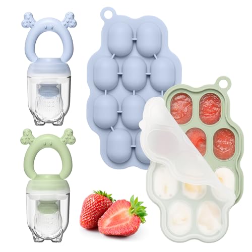 KingKam Breastmilk Popsicle Molds & Baby Fruit Feeder Teether (2 Set) | Teething Gum Cooling Relief, Food Freezer Tray with Lid, for Pureed Vegetables, BPA Free Silicone, Dishwasher Safe，4 Month+ - color: Blue / Green