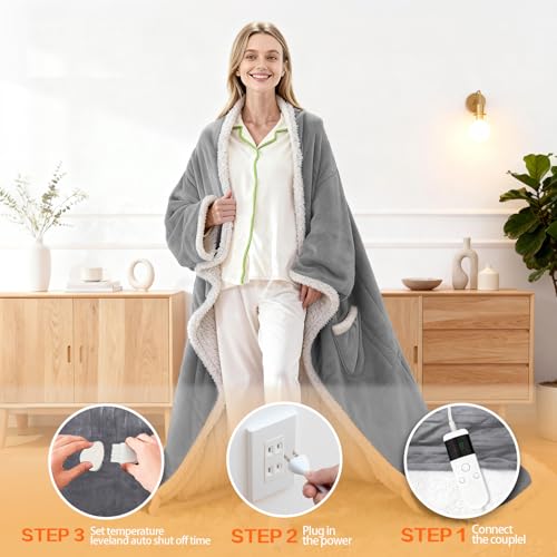 Wearable Heated Blanket With Sleeves & Foot Pocket, Heated Throw Blankets Fast Heating Blanket With 10 Heat Settings Auto Shut Off Over-Heat Protection-Warm Gift, Machine Washable, 52”*72”+18” - color: Pale Gray