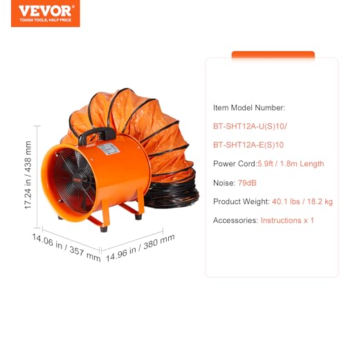 VEVOR Air Mover Blower Fan 12 Inch | 3198CFM, 585W, 33ft Flexible Duct, Industrial Portable Ventilator/Exhaust - size: 12in-33ft