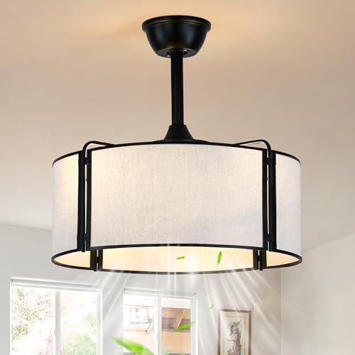 19.2 Inch Boho Fandelier Ceiling Fan with Lights Remote Control | Rustic Caged Ceiling Fan Black Bladesless Chandelier for Bedroom Living Room, Reversible 6 Speeds, 4 E26 Bulbs (Not Included) - color: White Fabric
