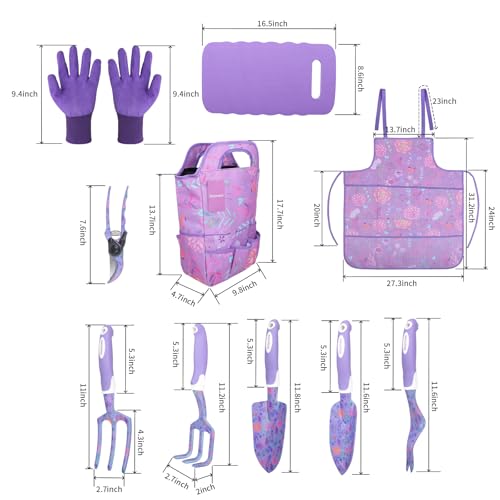 Purple Garden Tools Set 10 Pieces, Gardening Gifts for Women | Aluminum Alloy Steel Hand Tool Kit w/Non-Slip Ergonomic Handle, Floral Print Garden Supplies Organizer Handbag, Gardening Set - color: purple