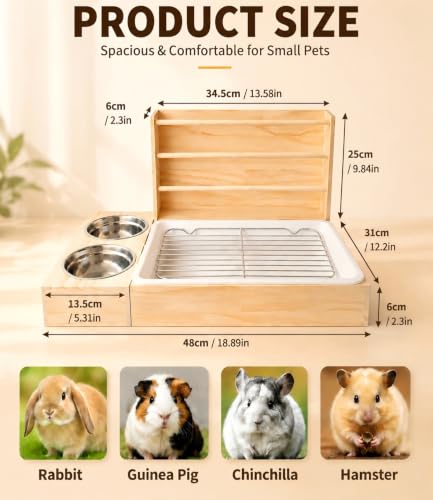 Rabbit Hay Feeder with Litter Box Bowls, 3-in-1 Wooden Rabbit Toilet | Large Capacity Rabbit Litter Box with Hay Feeder, Removable Tray Easy Clean,Bunny Guinea Pig Chinchilla Small Animals
