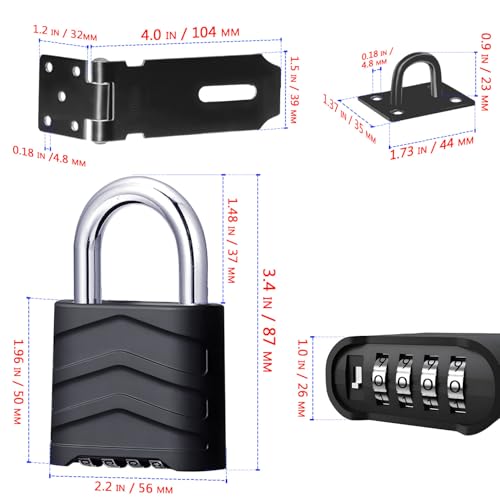 2 Set of Door Security Lock Kit, 4 Digit Combination Waterproof Padlock with 180-Degree Stainless Steel Garden Gate Hasp Lock,for Shed Door Wooden Gate Storage Box (Black 4 inch) - color: Door Latch with Combo Lock - 2 Pack