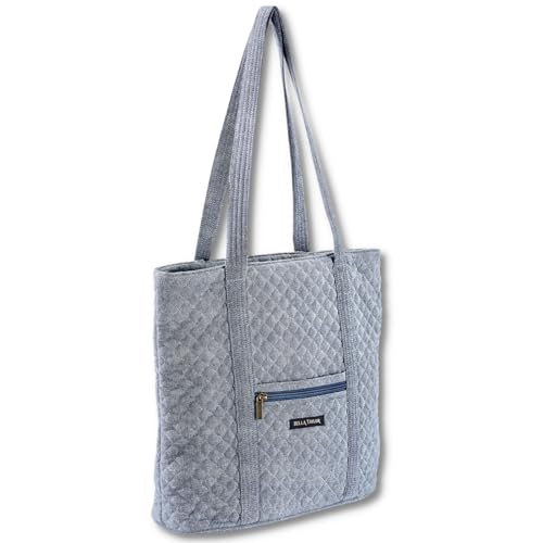 Bella Taylor Large Tote, Quilted Shoulder Bag for Women | Lightweight, 6-pocket large quilted purse, machine washable, zippered top, ultimate organization, durable construction - color: Blue Chambray