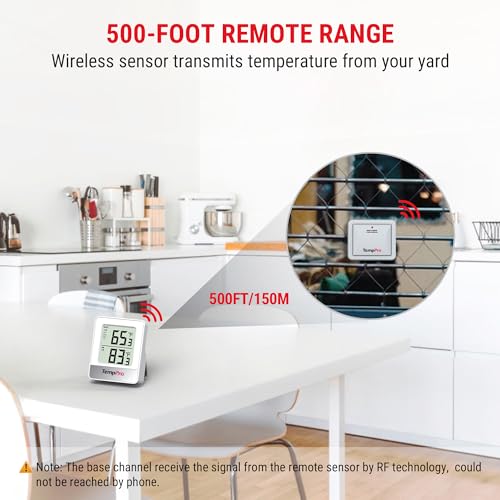 TempPro TempAir Indoor Outdoor Thermometer Wireless 500FT | Outside Greenhouse Thermometer with Temperature Sensor, Temperature Monitor for Patio Reptile House Home Baby Room - color: White In-outdoor Thermometer