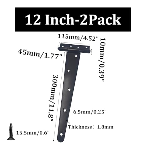 2PCS 12" Heavy Duty T-Strap Hinges, Black Rustic Iron Hinge, Rustproof Gate Tee Hinges for Outdoor Sheds, Barn Doors & Wood Fences-Thickness 2.5mm - size: 12 Inch