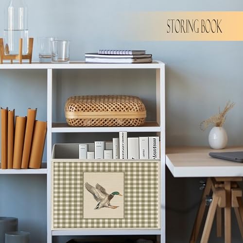 Mallard Duck Canvas Fabric Foldable Storage Bin Basket with Handles | Green Plaid Wild Duck Basket Bin for Kids Playroom Nursery Clothes Toys,Canvas Laundry Room Organization - color: Green Flying Mallard Duck