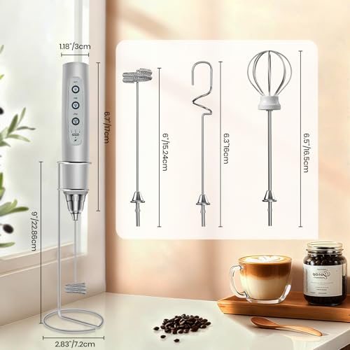 Colarlemo Milk Frother Handheld Rechargeable with Stand, Frother Wand Drink Mixer Electric Whisk for Coffee, Detachable With 3 Stainless Whisks, Hand Mixer for Lattes, Cappuccino, Matcha, Egg, Silver - color: Silver, style: with stand