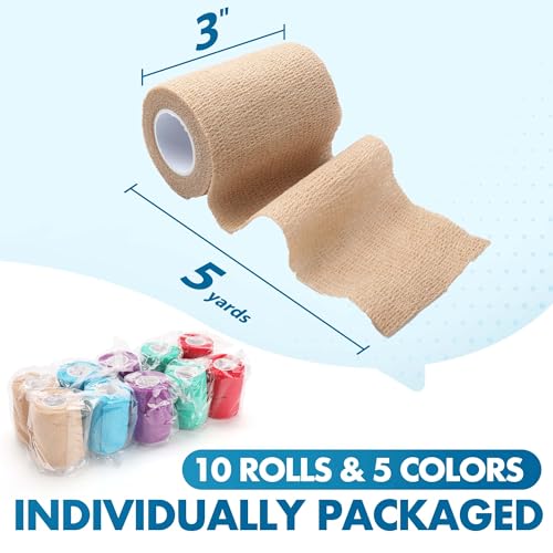 LotFancy 10 Rolls Self Adhesive Vet Wrap, 3 Inch Cohesive Bandage Wrap for Horses, Dogs, Cats, Pet, Animal, Non-Woven Medical First Aid Tape for Wounds, Paw, Leg, Foot, Ankle Sprains & Swelling - size: 3 Inch x 5 yards