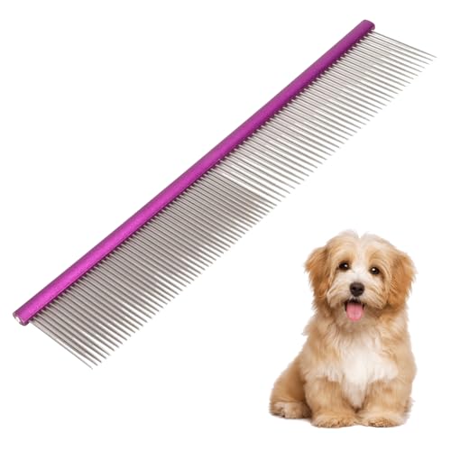 Pet Comb 8 inches Comfortable Grooming Comb with Different-Spaced Rounded Stainless Steel Teeth, Easy Grip and Convenient Grooming for Pets Dog Cat with Medium Coarse Fur - Purple | Easy Grip and Convenient Grooming for Pets Dog Cat with Medium Coarse Fur