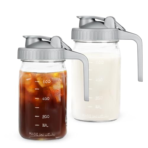 Creamer Pitcher Jar with Lid - 2 Pack No Leak 32oz Airtight Mason Jar with Pour Spout Lid, Classic Wide Mouth Jug Easy to Clean, Ideal for Coffee, Breastmilk, Iced & Sun Tea, Juices - color: Gray, size: 1 Quart