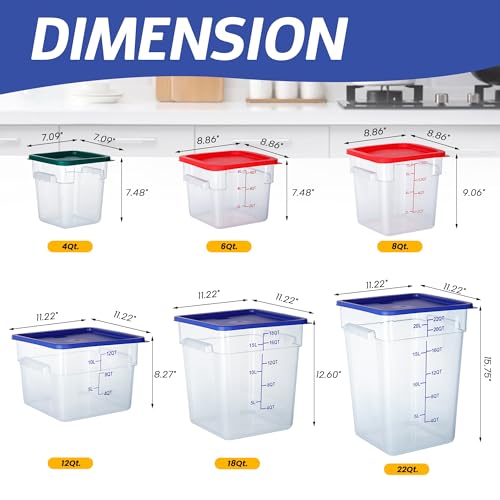4 Pack 12 Qt Square Polycarbonate Food Storage Containers with Lids | Clear BPA-free PC with lids, side handles, measurement scale and stackable design; for food prep, storage and freezer use. - color: 12Qt