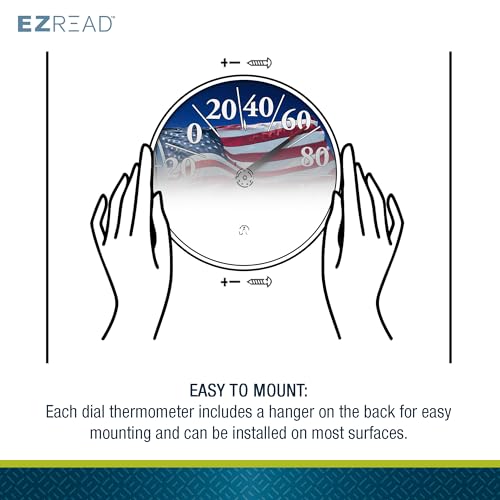 EZREAD Hanging Dial Thermometer 840-1221 Weather Thermometers for Indoor and Outdoor Use, Large 12.5 Inch Diameter, Easy to Read Numbers, American Flag - color: Flag
