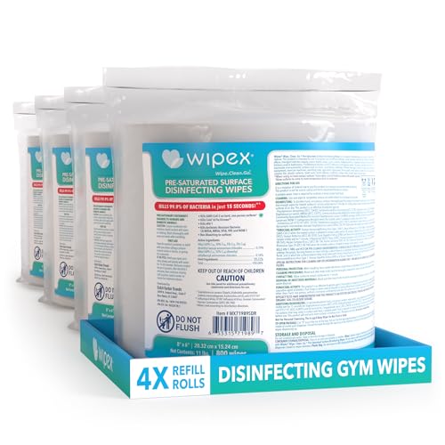 Wipex Disinfecting Surface Wipes - EPA Registered Gym Equipment Cleaner Refills, Safely Kill Germs in 15 Seconds, 800ct Gym Sanitizing Wipes for Wall, Free Standing dispensers, Pack of 4 (3200 Wipes) - size: 800 Count (Pack of 4)