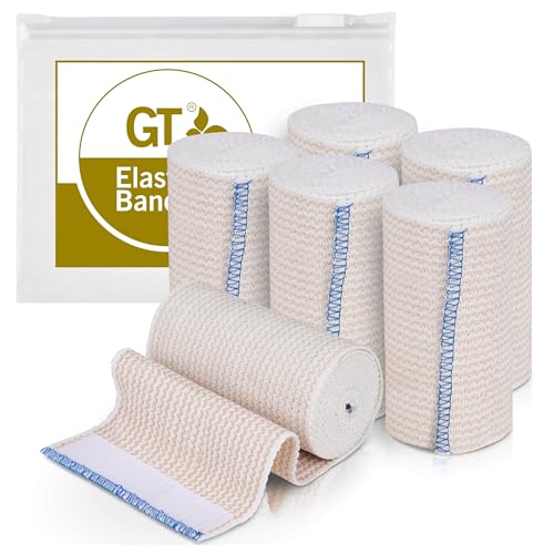 Premium Elastic Bandage Wrap (4" 6 Pack) - Hook & Loop Fasteners at Both Ends - Latex Free Hypoallergenic Compression Roll - Reusable Bandages for Waist, Legs, Elbow & Knee Wrap - size: 6 Pack