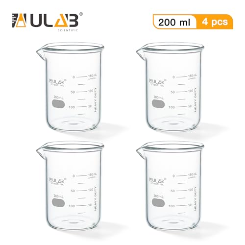 ULAB Scientific Glass Beakers, Vol. 200ml, 3.3 Borosilicate Griffin Low Form with Printed Graduation, Pack of 4, UBG1032 - style: 4pcs of Vol.200ml, Low form