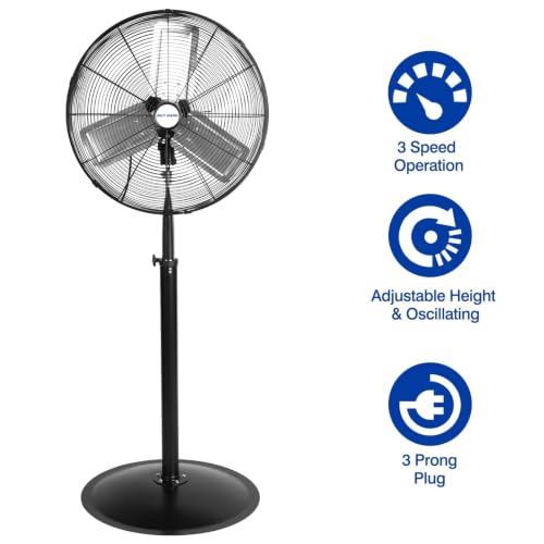 BILT HARD 6450 CFM 24" High Velocity Pedestal Oscillating Fan, 3-Speed Adjustable Height Industrial Floor Fan with Aluminum Blades, Metal Shop Fan for Commercial, and Garage - size: 24 inch