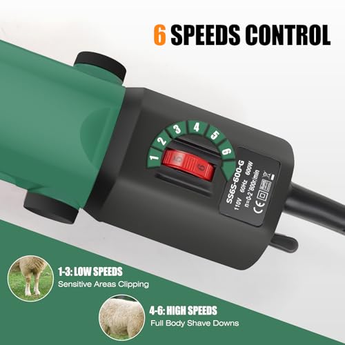 TAKEKIT Sheep Shears, 600W Professional Heavy Duty Sheep Clippers, 6 Speeds Electric Animal Shears for Alpacas Llamas Lambs and Large Livestock with Thick Coats, One Set of Extra Blades Included - color: Dark Green