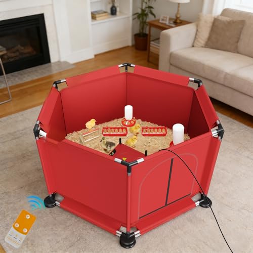 Brooder Box for Chicks, All-in-One Chick Starter Kit, Stainless Steel Frame Baby Chicken Brooder Playpen with Heater, Perch, Feeder & Waterer Set, Up to 30 Chicks, Hexagon Style