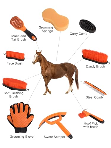 Horse Grooming Kit（13-Piece），Orange Horse Brushes,Storage Bag, Sweat Scraper,Mane Comb,Horse Grooming Gloves, Gifts for Girls (Orange) - color: Orange